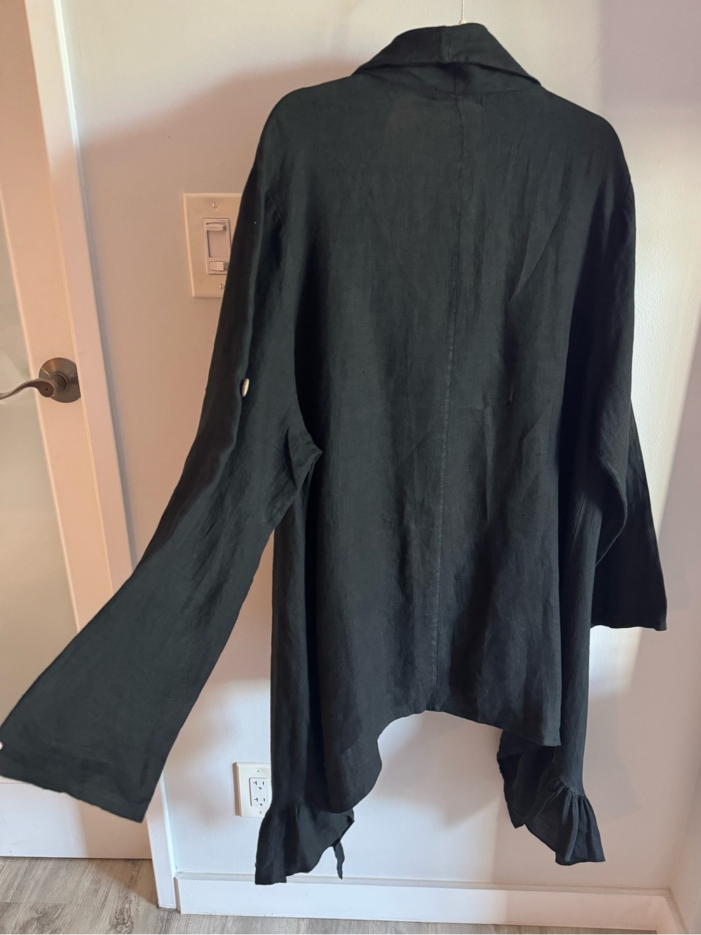 Tempo Paris Italian Linen Black Long Ruffle Asymmetrical Trim Cardigan Jacket L - Picture 7 of 12